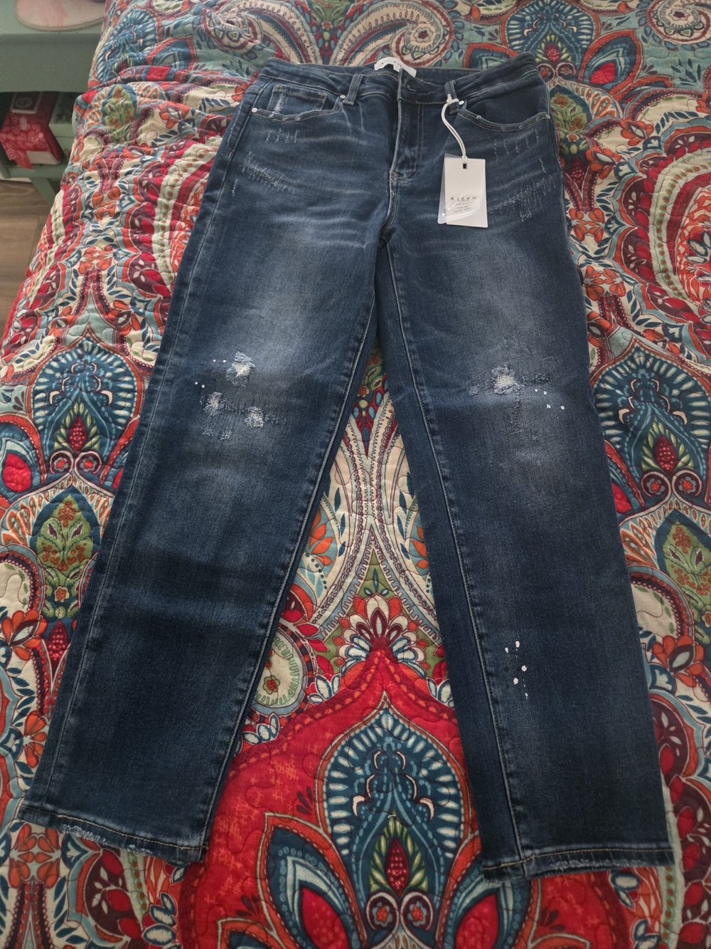 Risen Midrise Tapered Jeans in Dark Blue with Distressed Detail - Picture 1 of 11